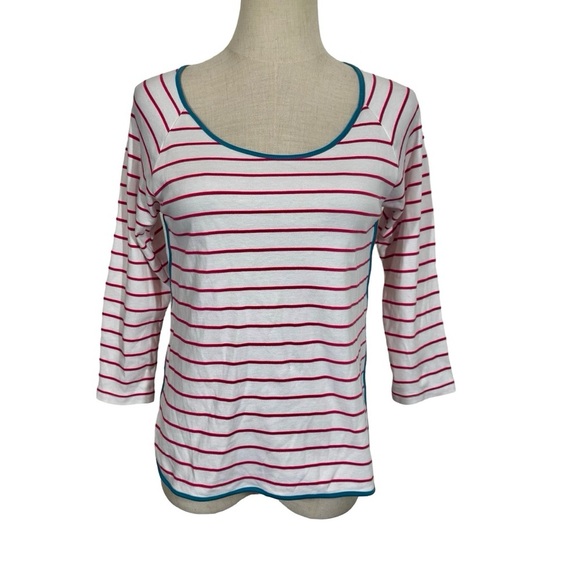 LAKE Pajamas Pima Long Sleeve Scoop Neck Top In Ruby Breton Stripe - Picture 4 of 8